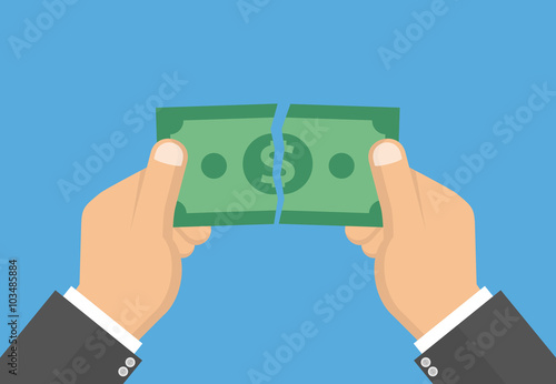 Hands tearing apart money bill in half. Flat design