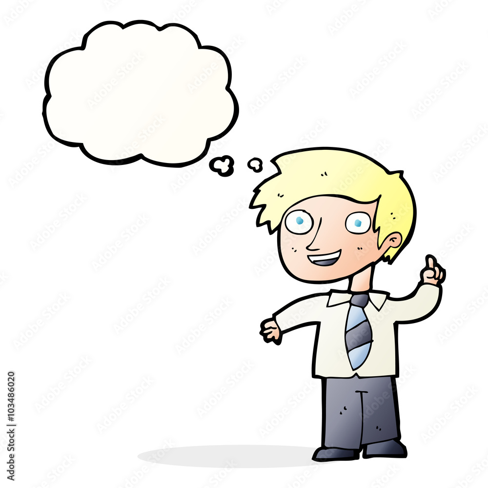 cartoon school boy with idea with thought bubble cartoon school boy with idea with thought bubble
