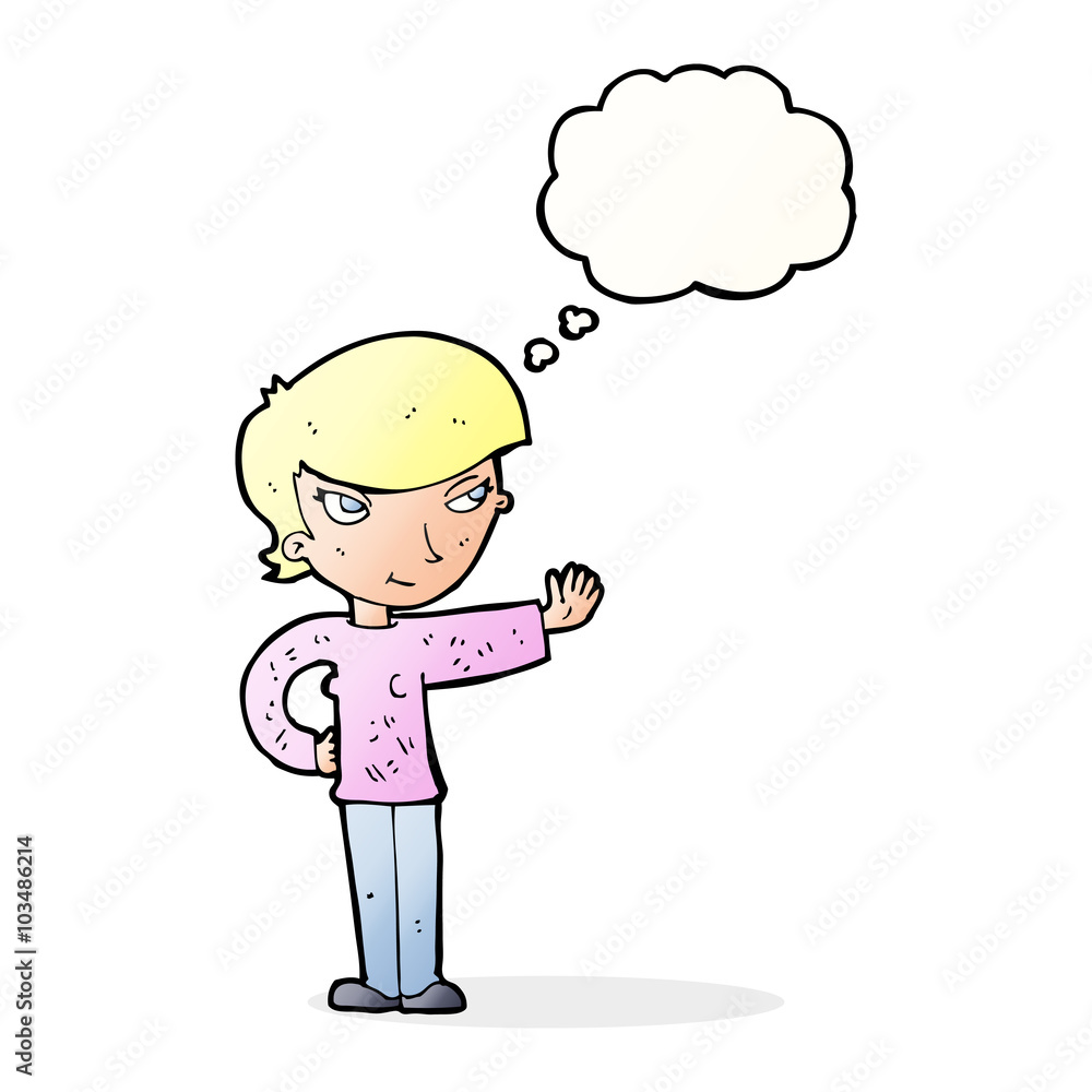 cartoon woman waving with thought bubble cartoon woman waving with thought bubble