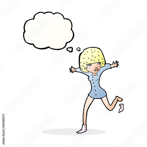 cartoon woman kicking off sock with thought bubble