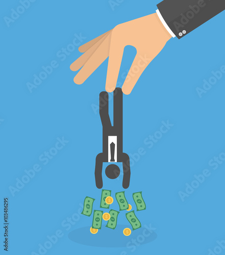 Hand holding stick figure businessman upside down shaking out the money of his pocket. Loan shark concept. Flat design