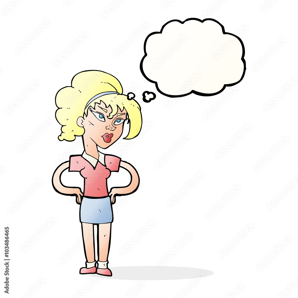 cartoon woman with hands on hips with thought bubble cartoon woman with hands on hips with thought bubble