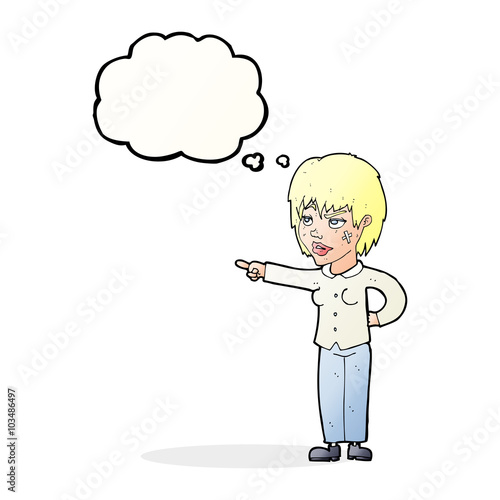 cartoon woman pointing with thought bubble
