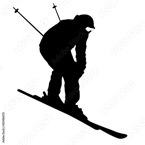 Mountain skier  speeding down slope. Vector sport silhouette