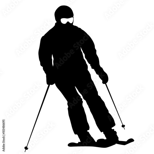Mountain skier  speeding down slope. Vector sport silhouette