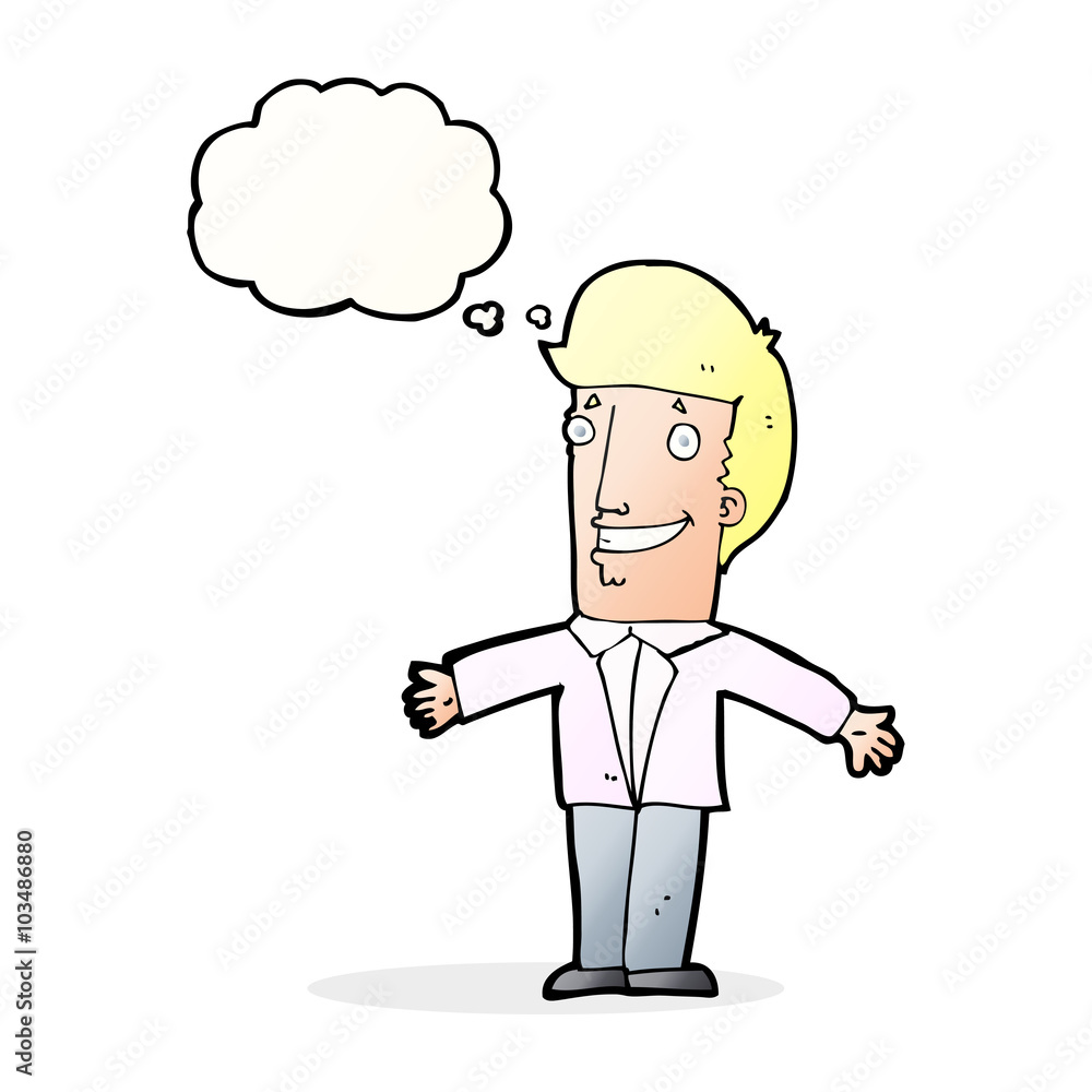 cartoon grining man with open arms with thought bubble