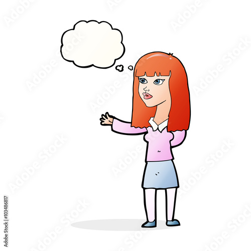 cartoon woman gesturing to show something with thought bubble