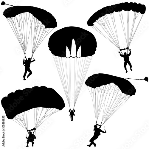 Set skydiver, silhouettes parachuting vector illustration
