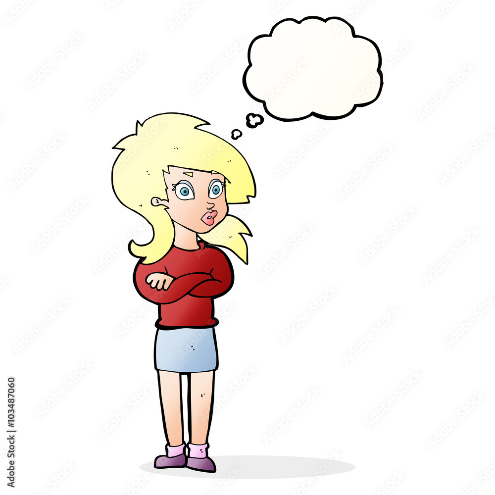 cartoon woman with folded arms with thought bubble cartoon woman with folded arms with thought bubble