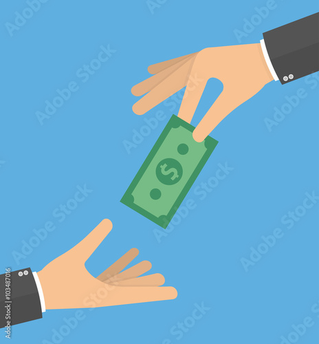 Hand giving money bill to another hand. Charity or payday concept. Flat style