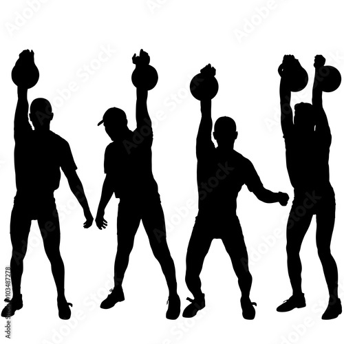 Set silhouette muscular man holding kettle bell.  Vector illustration