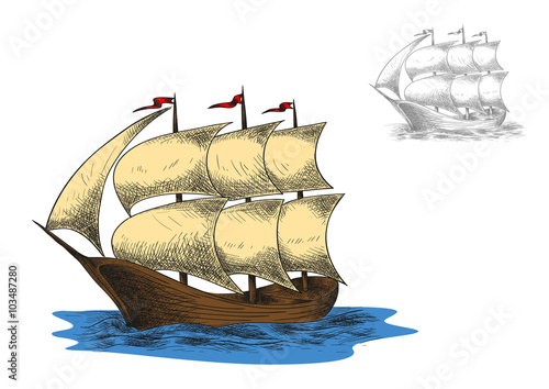 Antique three masted barque sailing ship