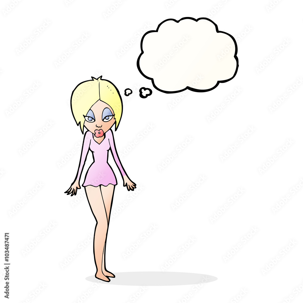 cartoon woman in short dress with thought bubble cartoon woman in short dress with thought bubble