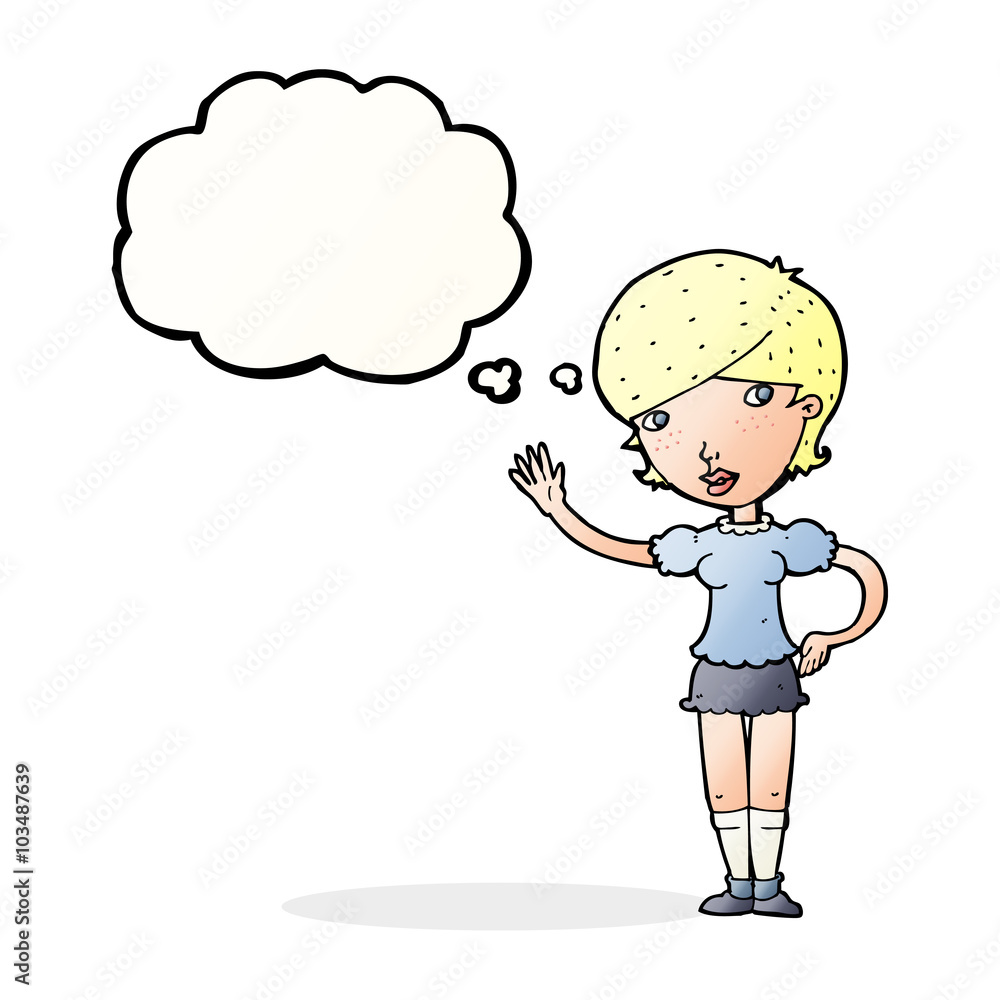 cartoon girl waving with thought bubble cartoon girl waving with thought bubble