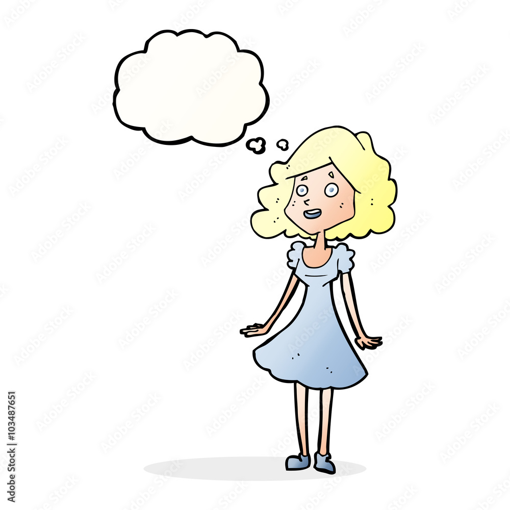 cartoon happy woman in dress with thought bubble cartoon happy woman in dress with thought bubble