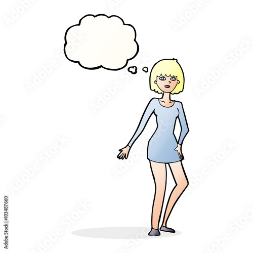 cartoon woman in dress with thought bubble