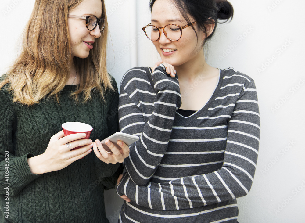 Women Talking Friendship Connection Technology Concept Women Talking Friendship Connection Technology Concept