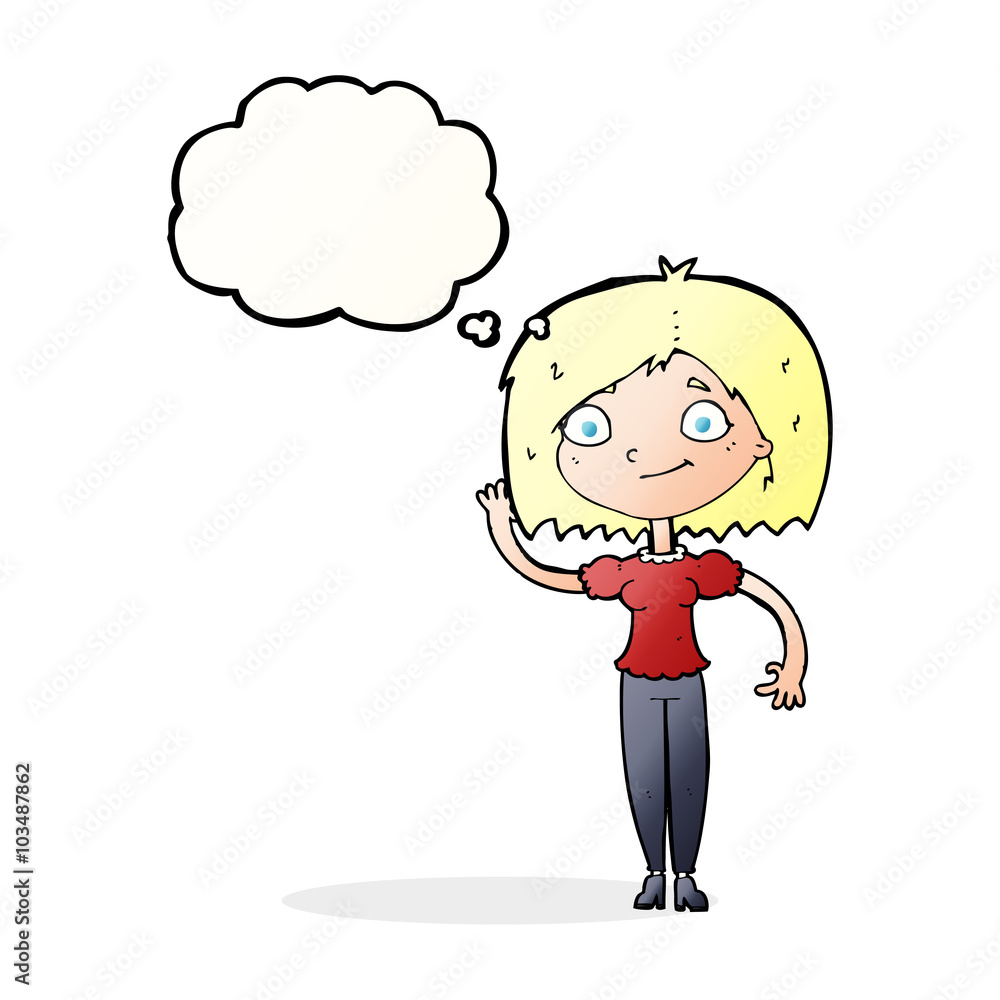 cartoon woman waving with thought bubble cartoon woman waving with thought bubble