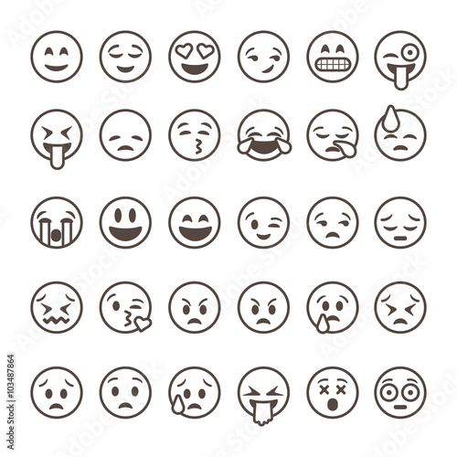 Set of outline emoticons, emoji isolated on white background, vector illustration.