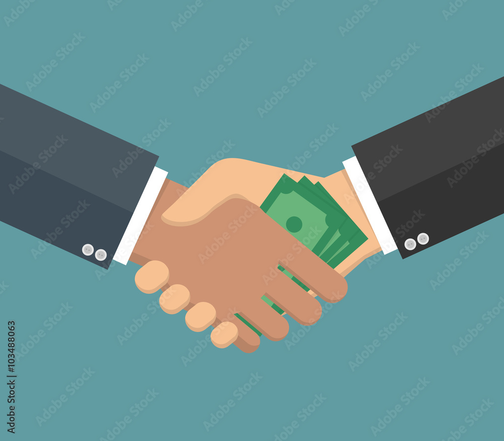 Handshake with money - Corruption concept in flat style - Hand giving money to another through handshake. Flat design Handshake with money - Corruption concept in flat style - Hand giving money to another through handshake. Flat design