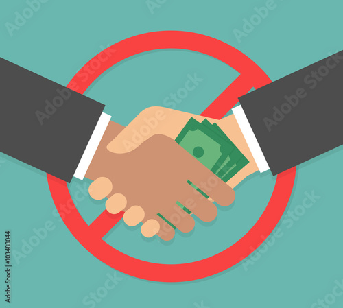 Anti corruption concept. Handshake with money bills and red prohibition sign in the background. Hand giving money through handshake. Flat design photo
