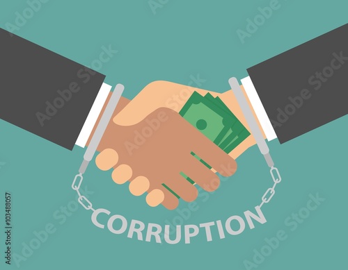 Anti corruption concept. Hand giving money bills to another through handshake. Handcuffed handshake. Flat design