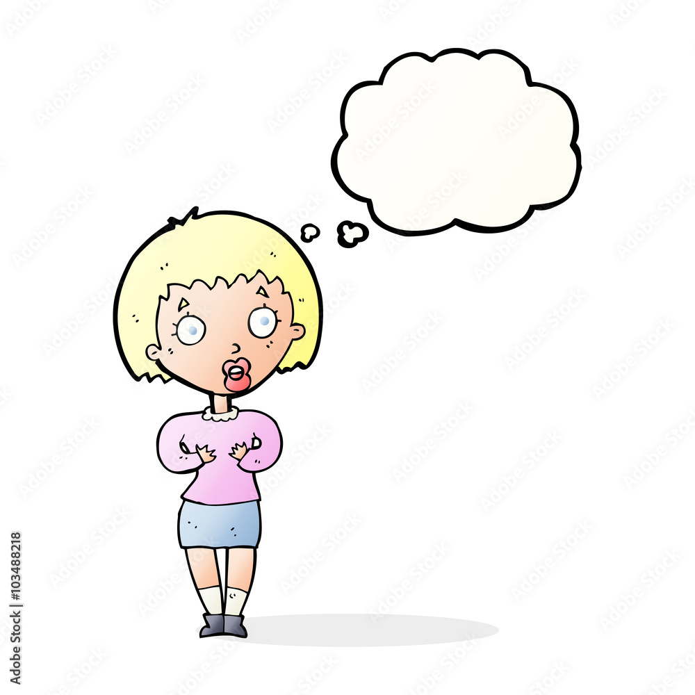 cartoon woman making Who Me? gesture with thought bubble cartoon woman making Who Me? gesture with thought bubble
