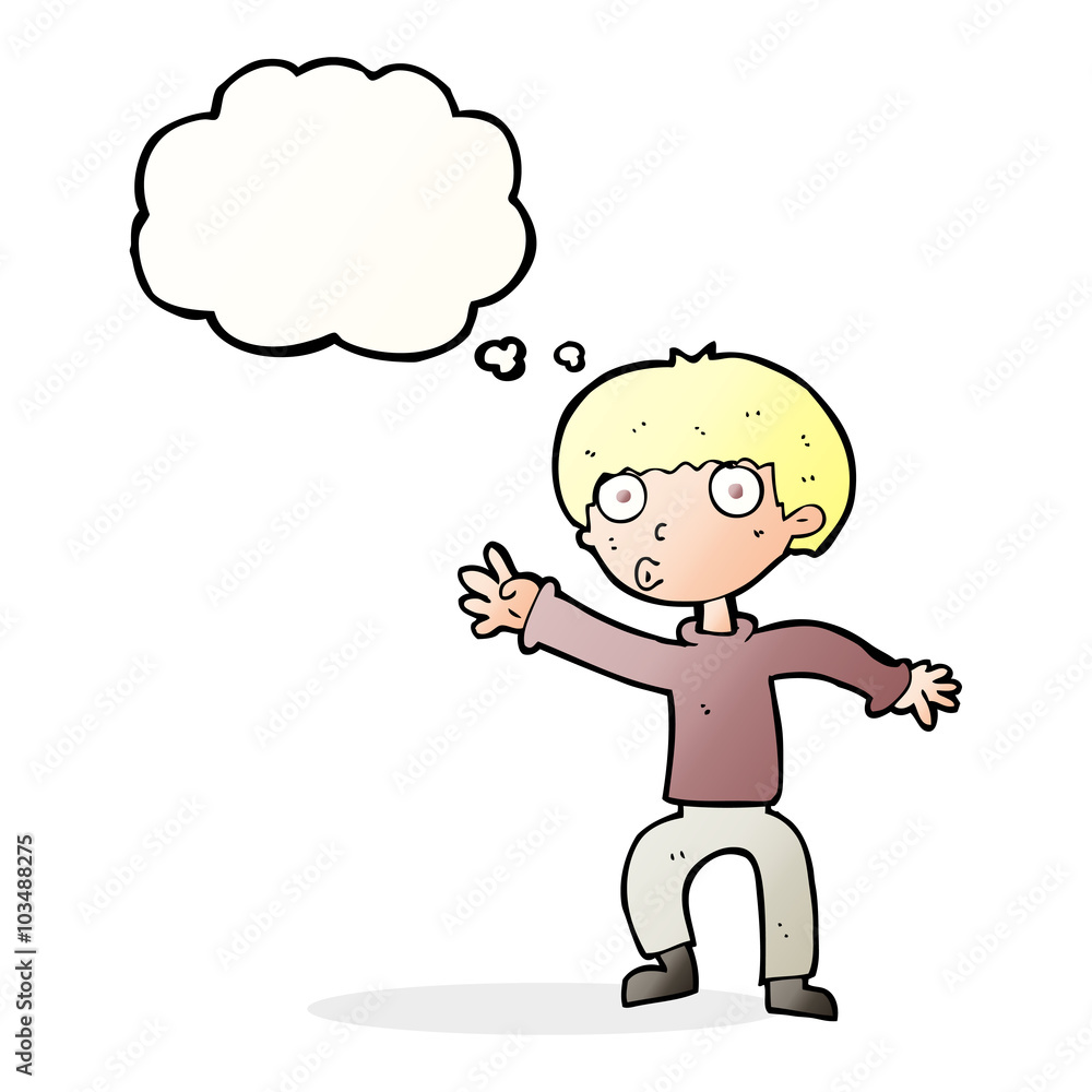 cartoon boy waving warning with thought bubble cartoon boy waving warning with thought bubble