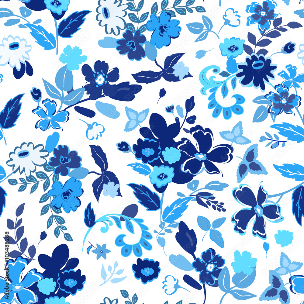 Seamless Floral background. Blue isolated flowers and leafs on white background. Seamless Floral background. Blue isolated flowers and leafs on white background.