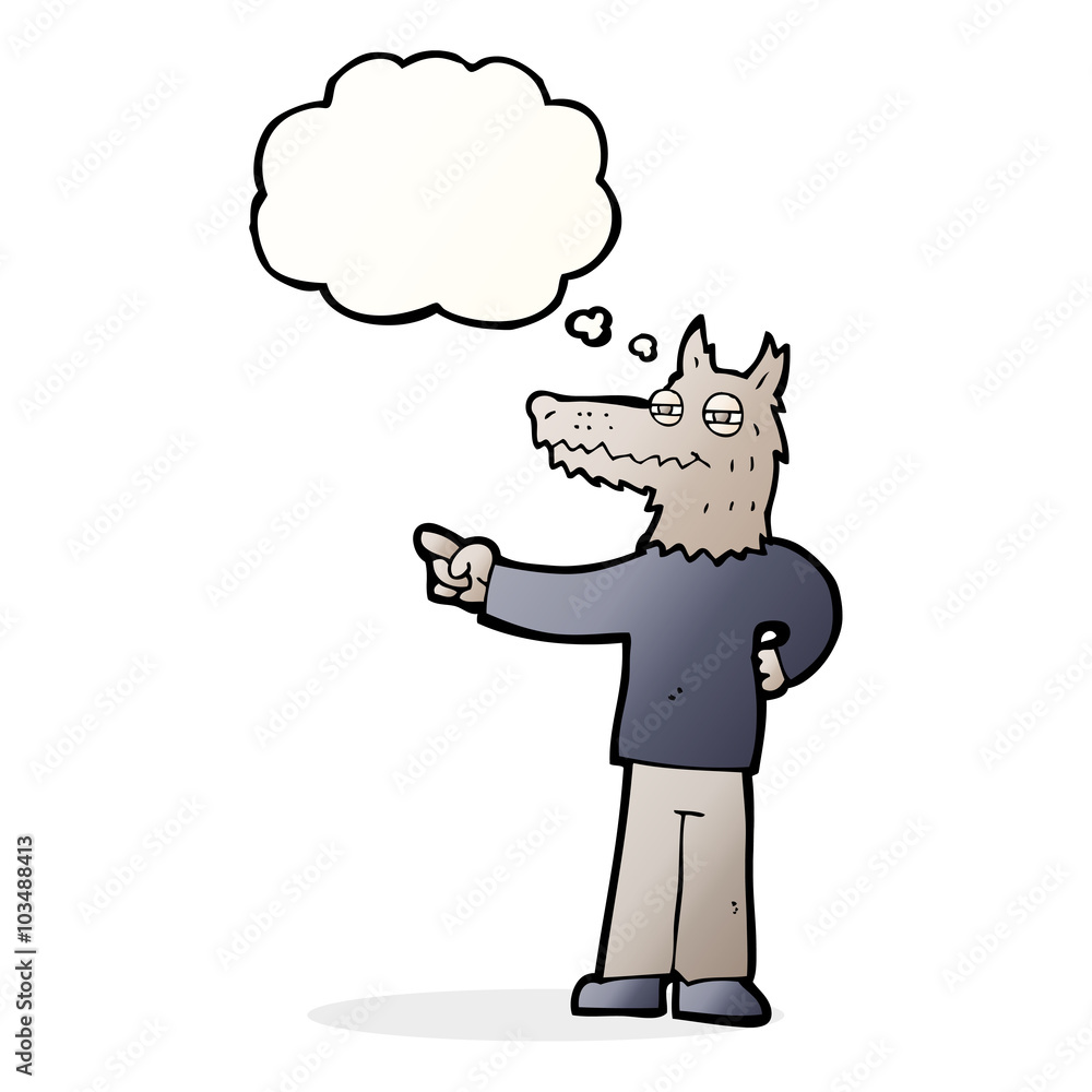 cartoon pointing wolf man with thought bubble cartoon pointing wolf man with thought bubble