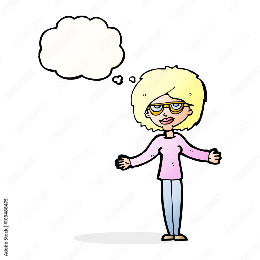 cartoon woman wearing spectacles with thought bubble cartoon woman wearing spectacles with thought bubble
