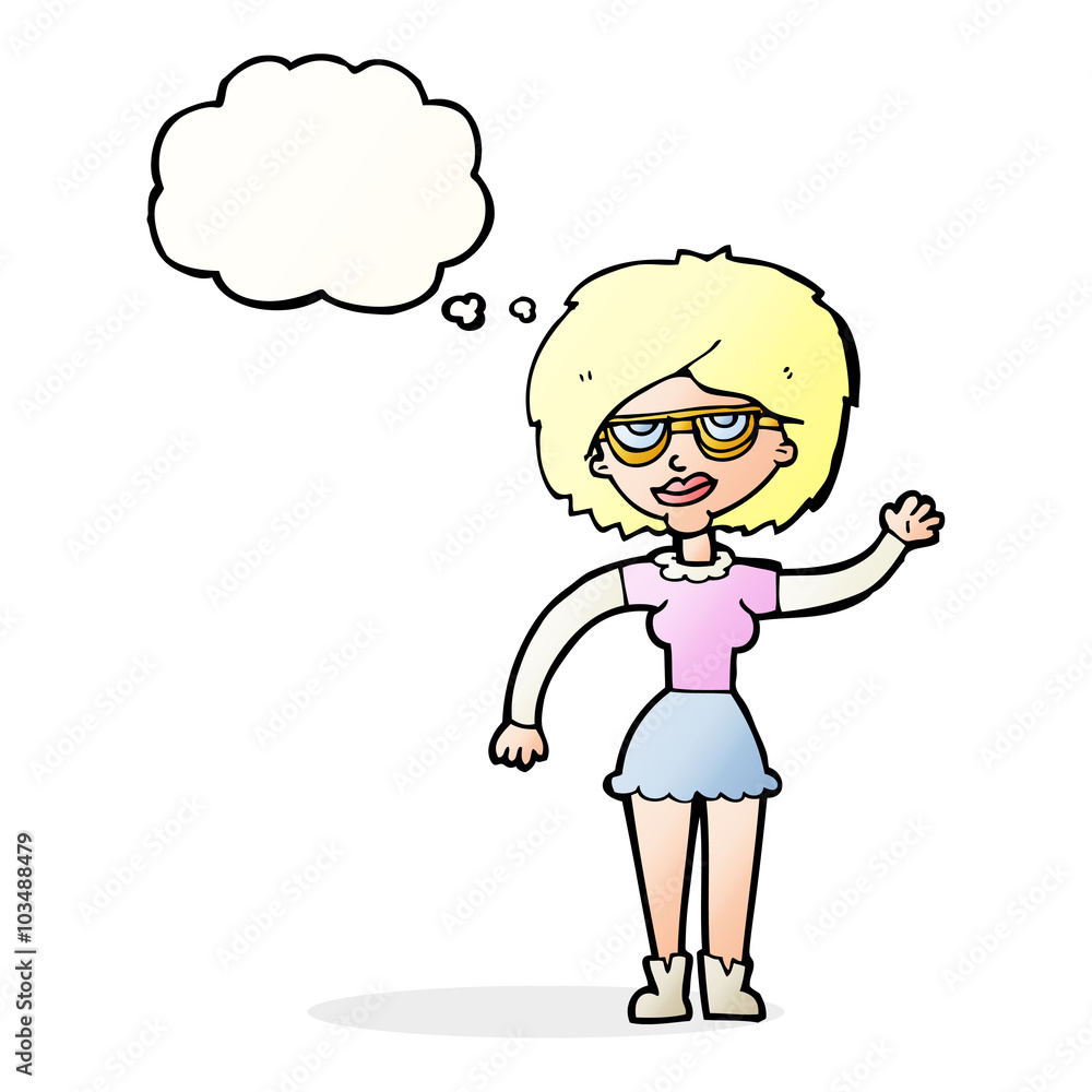cartoon waving woman wearing spectacles with thought bubble cartoon waving woman wearing spectacles with thought bubble