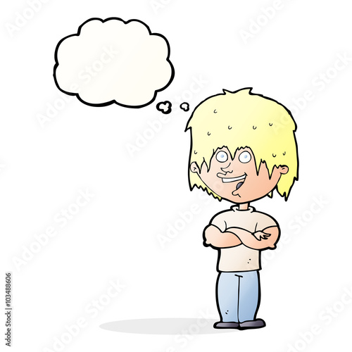 cartoon happy man with thought bubble