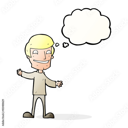 cartoon grinning man with thought bubble