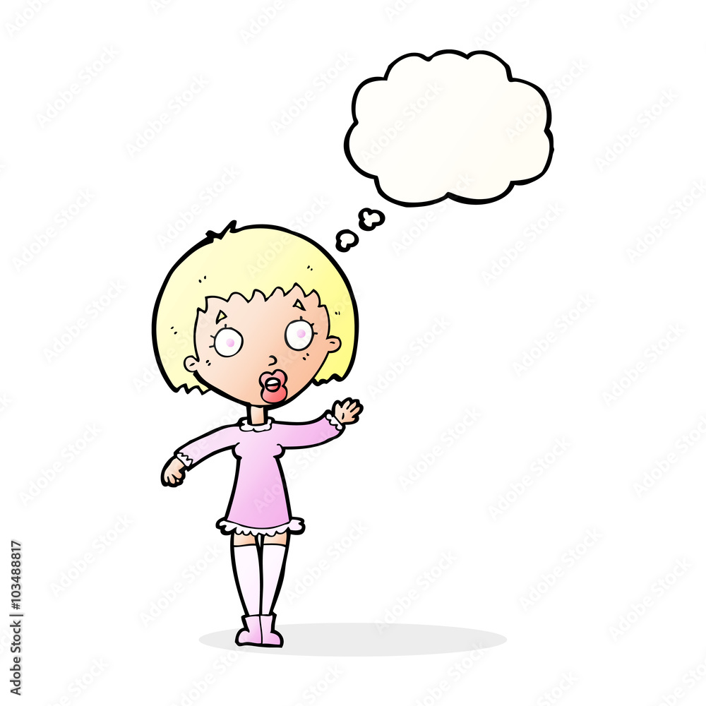 cartoon waving woman with thought bubble cartoon waving woman with thought bubble