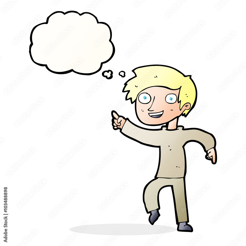 cartoon happy boy pointing with thought bubble cartoon happy boy pointing with thought bubble