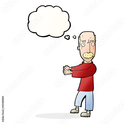 cartoon balding man explaining with thought bubble