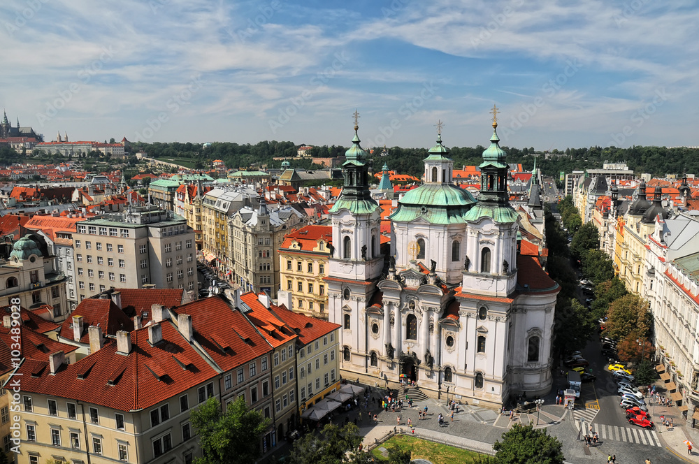 Aerial view of St. Nicholas church in Prague, Czech Republic