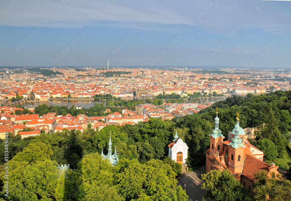 Aerial view of Prague City and Saint Lawrence Cathedral