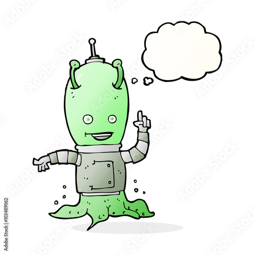 cartoon alien spaceman with thought bubble