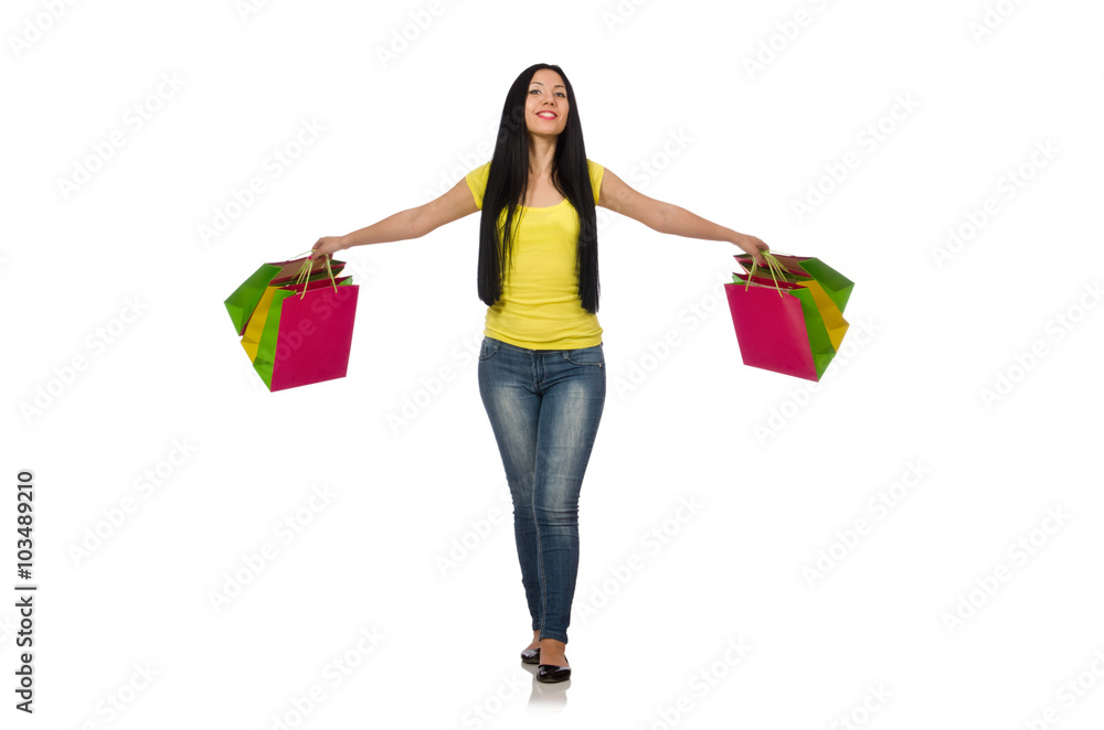 Woman with shopping bags isolated on white Woman with shopping bags isolated on white