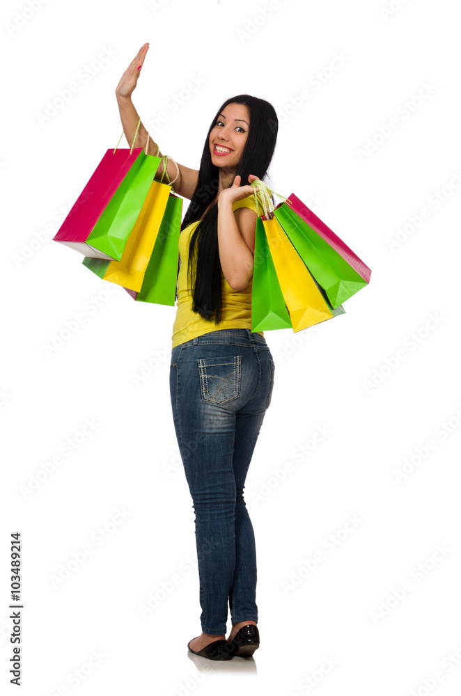 Woman with shopping bags isolated on white Woman with shopping bags isolated on white