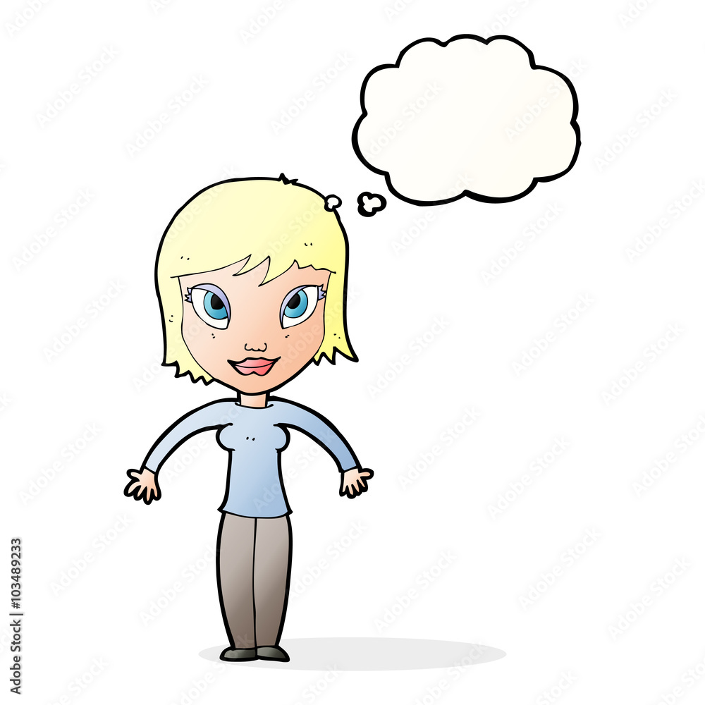 cartoon woman shrugging shoulders with thought bubble cartoon woman shrugging shoulders with thought bubble