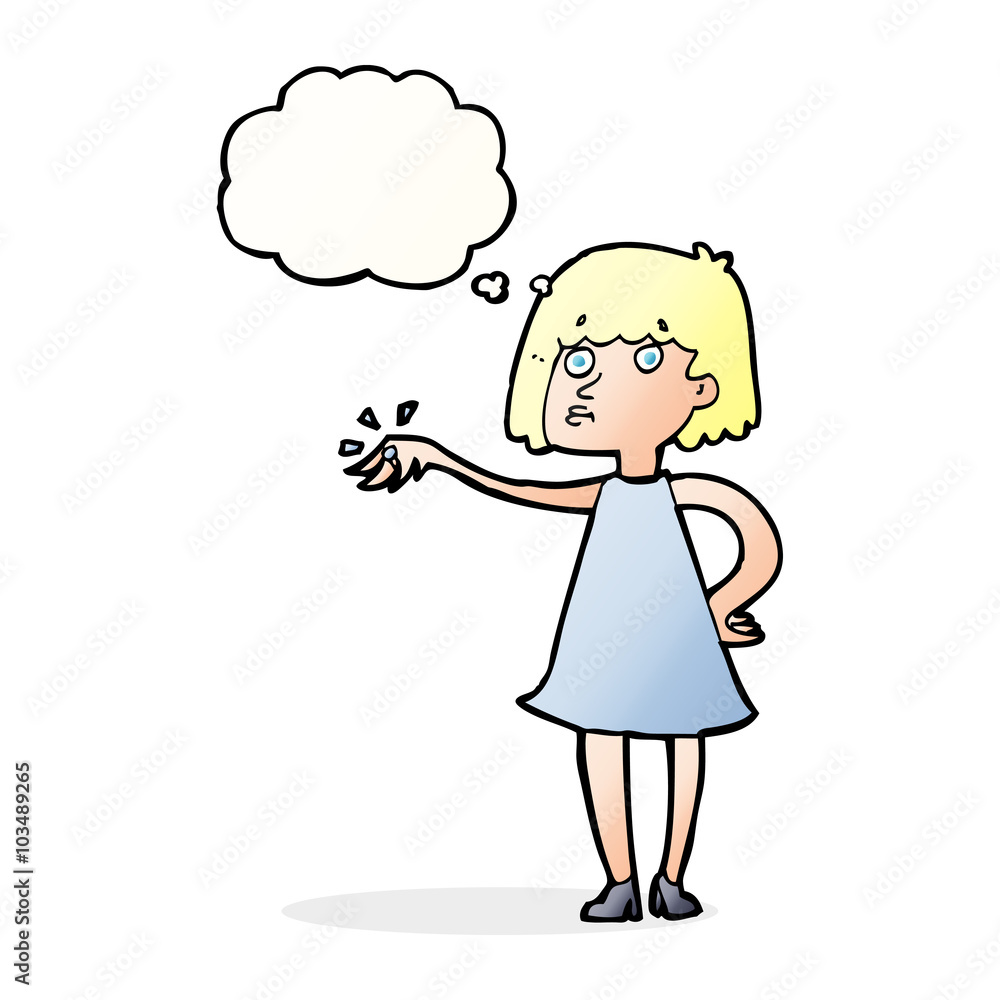 cartoon woman showing off engagement ring with thought bubble cartoon woman showing off engagement ring with thought bubble