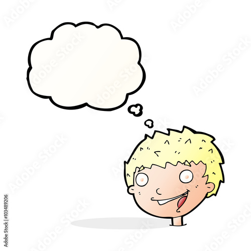 cartoon laughing boy with thought bubble