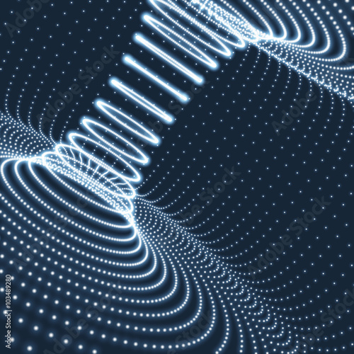 Abstract Tunnel Grid. Futuristic Technology Style. 3D Surface Looks Like Funnel. Glowing Points Form Tunnel Sectors. Turning Tube Tunnel. 3d Abstract Tunnel or Tube. Perspective Grid Background. 