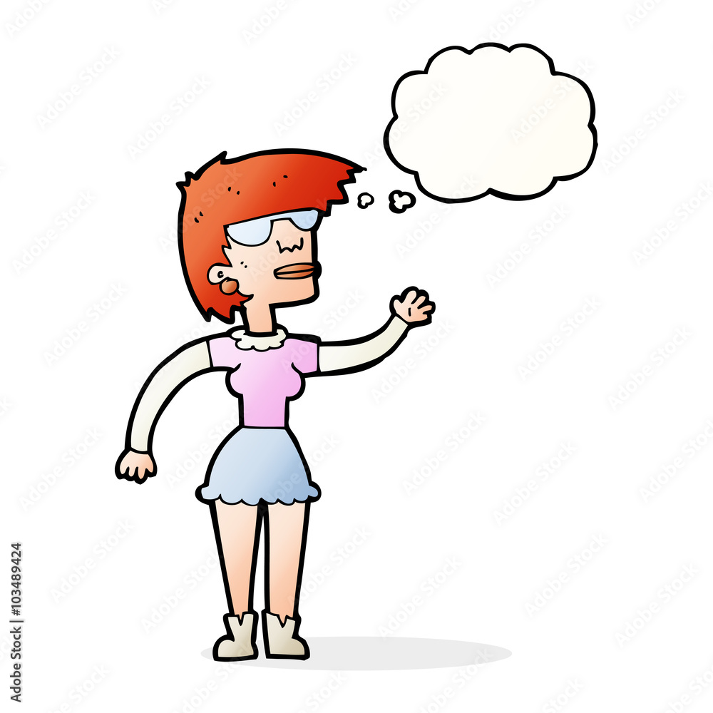 cartoon woman in spectacles waving with thought bubble cartoon woman in spectacles waving with thought bubble
