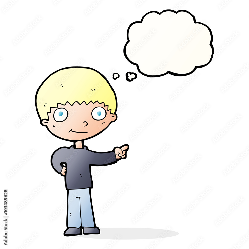 cartoon happy boy pointing with thought bubble cartoon happy boy pointing with thought bubble