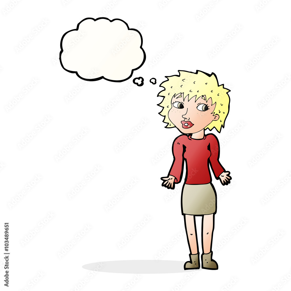 cartoon woman shrugging shoulders with thought bubble cartoon woman shrugging shoulders with thought bubble