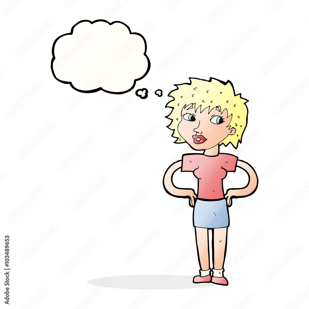cartoon woman with hands on hips with thought bubble cartoon woman with hands on hips with thought bubble
